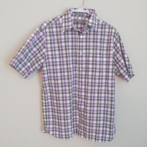 White Green Purple Check Button Down